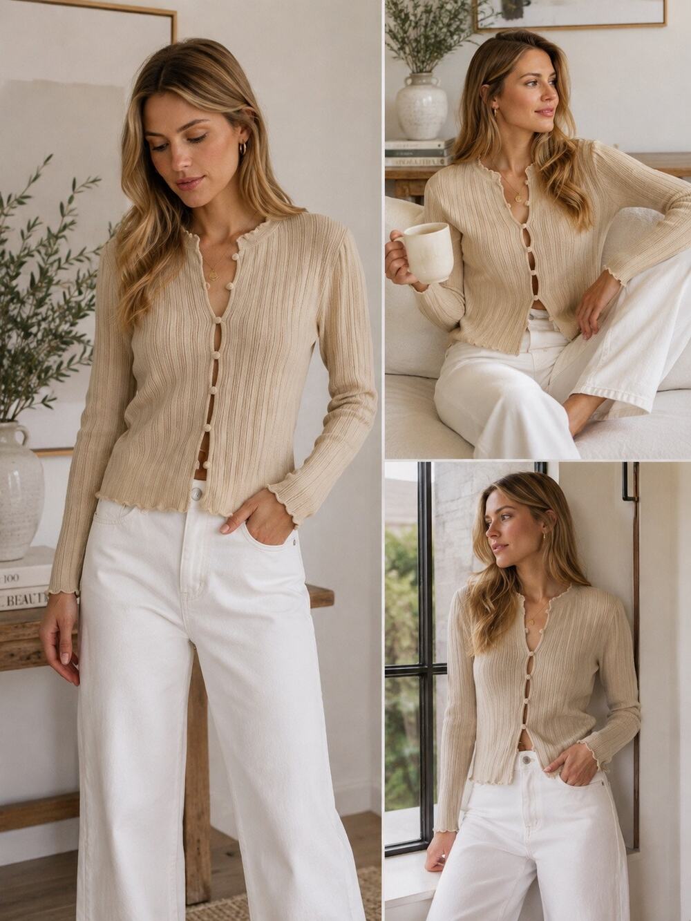 FRAME Ruffle Cardigan Sweater Beige Ribbed Knit Button Front Slim Fit NWT